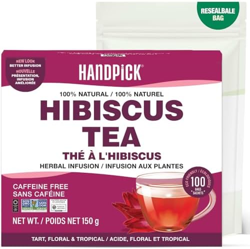 HANDPICK Hibiscus Tea Bags - 100 Count Caffeine-Free Pure Ingredients - Hibiscus Flowers Brew Hot Iced Tea or Kombucha Tea Round Nutritious Herbal Tea Bags