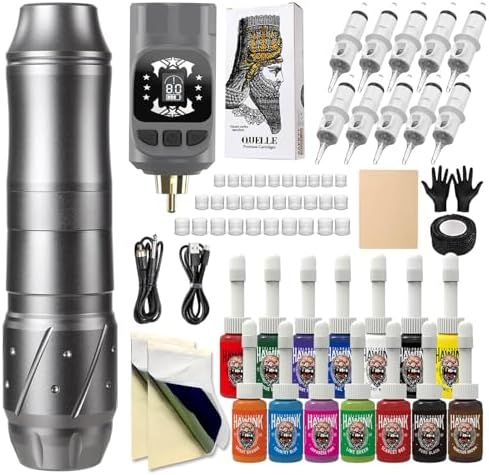 HAWINK Tattoo Gun Kit Wireless Tattoo Pen Machine with Power Supply LCD digital 3.7V Lithium Battery 1600mAh 1Pcs 14 inks EM155TI201-7