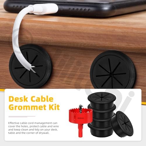 Hilitchi 6Pcs Desk Cable Grommet 2.36 Inch (60mm) Desk Cable Hole Covers Desk Cord Hole Cover Flexible Desk Grommet Black Flexible Wire Cable Hole Cover With Hole Saw For Desk Holes Wire Management