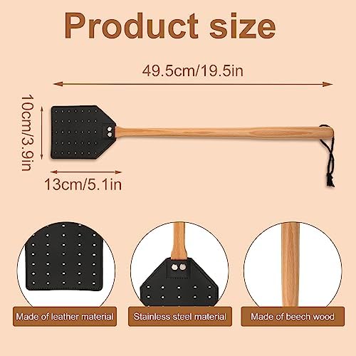 KINBOM 2pcs Leather Fly Swatter Manual Heavy Duty Flyswatter With Long Wood Handle And Hanging Rope Durable Fly Swatter Catcher Wasp Swatter For Indoor Outdoor Home Fly
