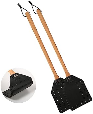 KINBOM 2pcs Leather Fly Swatter Manual Heavy Duty Flyswatter with Long Wood Handle and Hanging Rope Durable Fly Swatter Catcher Wasp Swatter for Indoor Outdoor Home Fly