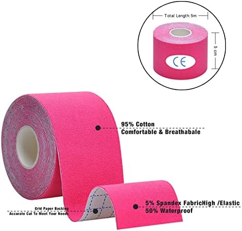 Kinesiology Tape - 5 Rolls Set Lychee Elastic Therapeutic Sports Tape For Shoulder Knee Elbow Pain Relief Latex Free Water Resistant Breathable 2" X 16.4 Feet Per Roll