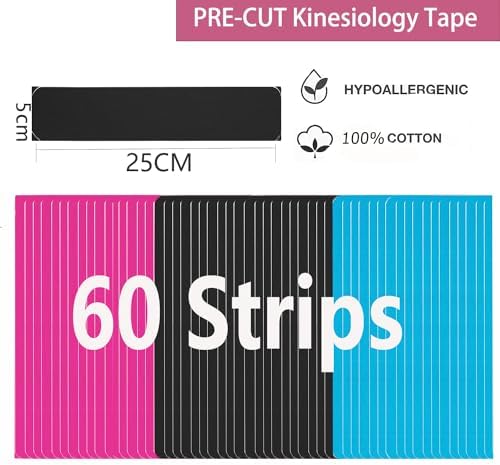 Kinesiology Tape Precut (3 Rolls 60 Precut Strips) Waterproof Sports & Athletic Tape For Athletes - Physio Elastic Sports Tape Pain Relief Adhesive For Muscles Shin Splints Ankle Neck Knee & Shoulder 5m (Mixed Color)