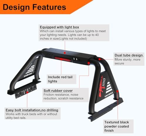 KNAWIER R13 Roll Bar For Mid Size Pickup Truck Adjustable Chase Rack Sport Bar Roll Cage Compatible With Tacoma/Gladiator/Frontier/Canyon/Ranger/Colorado Include Brake Light