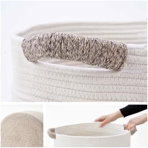 Kodomoore Laundry Basket Woven Blanket Basket For Living Room Collapsible Round Storage Hamper Organiser For Clothes Towels Pillows – 16"D X 14"H White & Brown