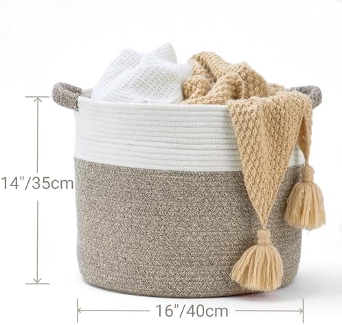 Kodomoore Laundry Basket Woven Blanket Basket For Living Room Collapsible Round Storage Hamper Organiser For Clothes Towels Pillows – 16"D X 14"H White & Brown