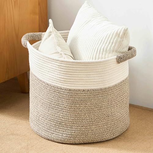 Kodomoore Laundry Basket Woven Blanket Basket for Living Room Collapsible Round Storage Hamper Organiser for Clothes Towels Pillows – 16"D x 14"H White & Brown