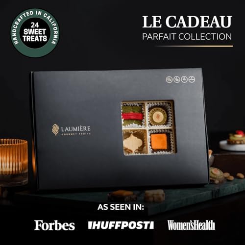 Le Cadeau Parfait Collection - Rectangle Gourmet Gift Box (24 Treats) - Laumière Gourmet Fruits Healthy Dried Fruits & Nuts Gift Basket - No Added Cane Sugar Sweets