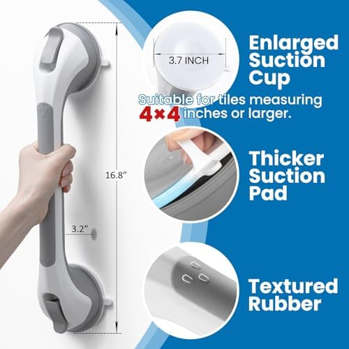 LEVERLOC Removable Drill Free Suction Grab Bar For Shower And Bathtubs Shower Handle For Bathroom Handrails For Seniors And Elderly 2 Pack 16 Inch Grey