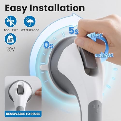 LEVERLOC Removable Drill Free Suction Grab Bar For Shower And Bathtubs Shower Handle For Bathroom Handrails For Seniors And Elderly 2 Pack 16 Inch Grey