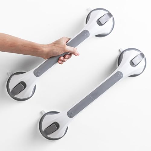 LEVERLOC Removable Drill Free Suction Grab Bar for Shower and Bathtubs Shower Handle for Bathroom Handrails for Seniors and Elderly 2 Pack 16 Inch Grey