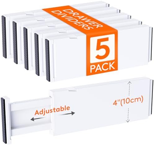 Lifewit 5 Pack Drawer Dividers for Clothes 11-17" Adjustable Dresser Drawer Organizers 4" High Plastic Expandable Drawer Separators in Bedroom/Office/Bathroom/Kitchen Storage White