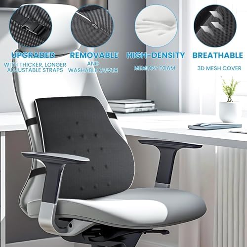 Lumbar Support Pillow For Office Chair Car Memory Foam Back Cushion Back Pain Relief Improve Posture Large Back Pillow For Computer Gaming Chair Recliner With Mesh Cover Double Adjustable Straps