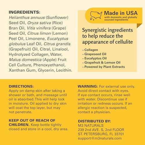 M3 Naturals Firming Body Massage Oil With Collagen & Stem Cell – Helps Smooth The Appearance Of Cellulite & Improve Skin Texture – Refreshing Aromatherapy Body Oil For Legs & Full Body – 8 Fl Oz