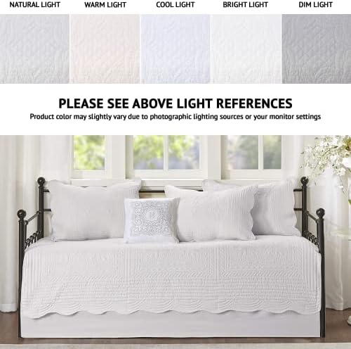 Madison Park Daybed Cover Set-Trendy Damask Quilting With Scalloped Edges All Season Luxury Bedding With Bedskirt Matching Shams Decorative Pillow 39"x75" Tuscany White 6 Piece