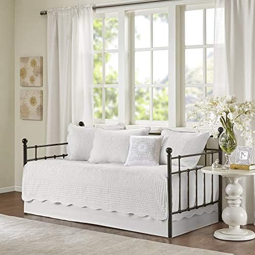 Madison Park Daybed Cover Set-Trendy Damask Quilting with Scalloped Edges All Season Luxury Bedding with Bedskirt Matching Shams Decorative Pillow 39"x75" Tuscany White 6 Piece
