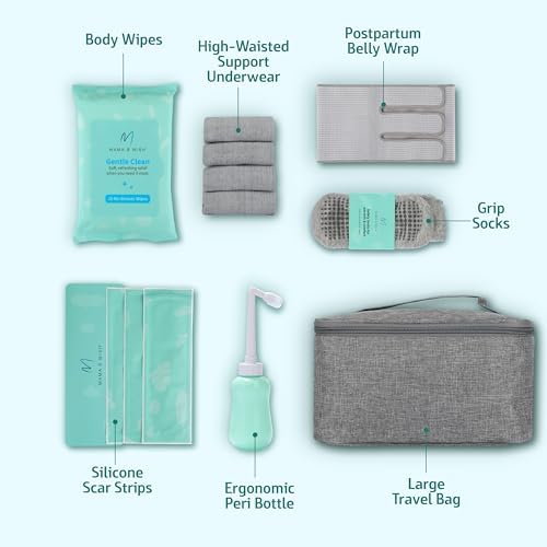 Mama & Wish C-Section Recovery Kit Must Haves - Postpartum Essentials 12-Piece Set With Belly Binder No-Shower Wipes Silicone Scar Patches Peri Bottle Underwear Grip Socks & Toiletry Bag