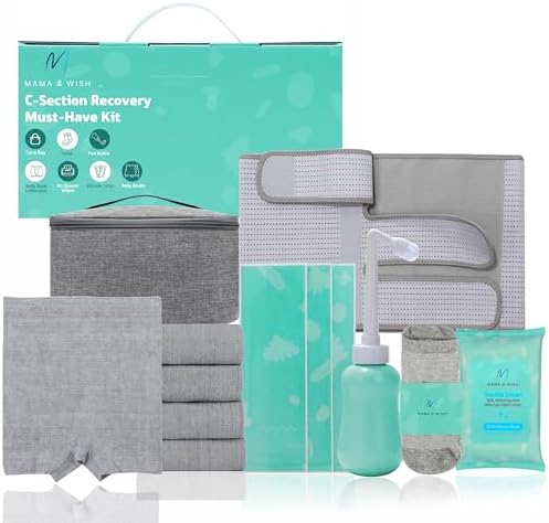 Mama & Wish C-Section Recovery Kit Must Haves - Postpartum Essentials 12-Piece Set with Belly Binder No-Shower Wipes Silicone Scar Patches Peri Bottle Underwear Grip Socks & Toiletry Bag