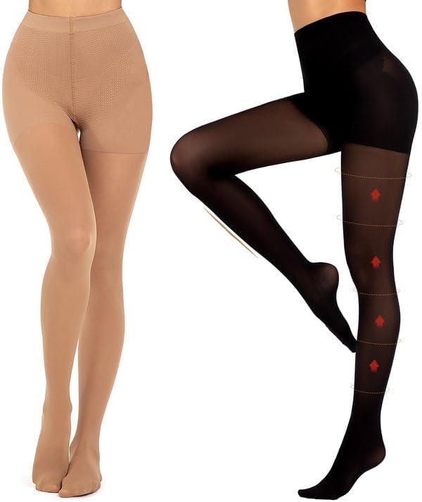 MANZI 2 Pairs Compression Pantyhose for Women Shaping Black Tights 10-15mmHg Support 50D Opaque Tights Stockings