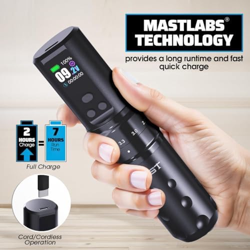 Mast Fold2 Pro Tattoo Gun Wireless Tattoo Pen Machine 2 Replaceble Batteries 2 000mAh Power Supply Mcore Rotary Motor Real Strokes Length P-076 (Pink-Coffee)