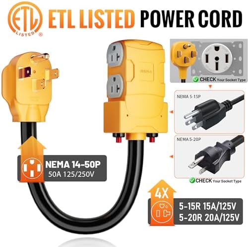 MECMO 50 Amp To 20 Amp 110V RV Distribution Adapter NEMA 14-50P To 4 X 5-20R/15R RV 4-Prong To Mutiple Household Outlet W/ 20amp Circuit Breaker UL Listed RV Generator Distribution Cord