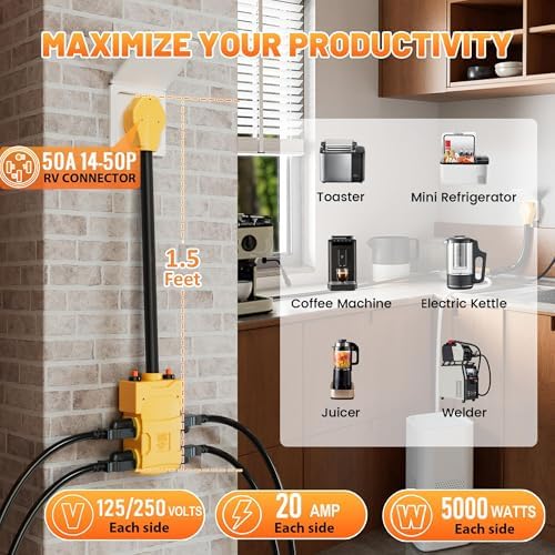 MECMO 50 Amp To 20 Amp 110V RV Distribution Adapter NEMA 14-50P To 4 X 5-20R/15R RV 4-Prong To Mutiple Household Outlet W/ 20amp Circuit Breaker UL Listed RV Generator Distribution Cord