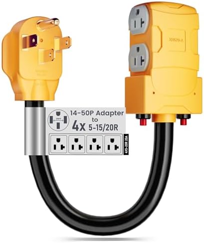 MECMO 50 Amp to 20 Amp 110V RV Distribution Adapter NEMA 14-50P to 4 X 5-20R/15R RV 4-Prong to Mutiple Household Outlet w/ 20amp Circuit Breaker UL Listed RV Generator Distribution Cord