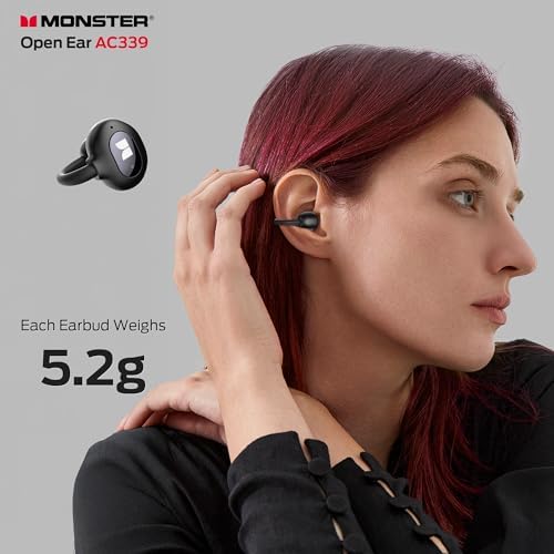 Monster Open Ear AC339 Earbuds Bluetooth 6.0 Earphones Stereo Sound Open Ear Clip Wireless Earbuds 40 Hours Playback With Smart Digital Display Design Touch Control IPX6 Waterproof