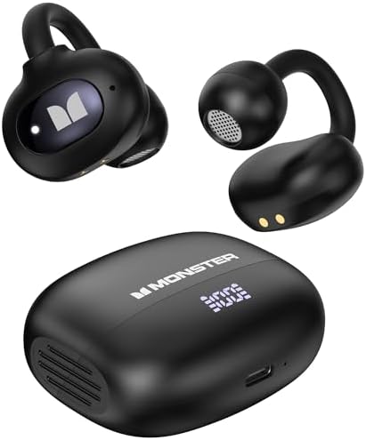 Monster Open Ear AC339 Earbuds Bluetooth 6.0 Earphones Stereo Sound Open Ear Clip Wireless Earbuds 40 Hours Playback with Smart Digital Display Design Touch Control IPX6 Waterproof