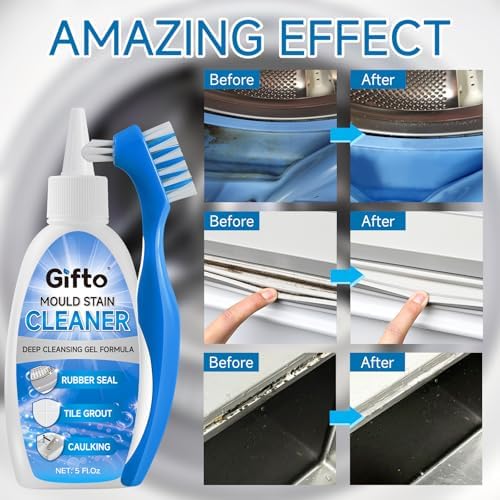 Mould Stain Remover Gel Washing Machine Cleaner Grout Cleaner With Cleaning Brush Black Stain Remover For Washer Kitchen Sink Shower Toilet Bathtub Caulk Tile Bathroom Whitener 10 Fl Oz