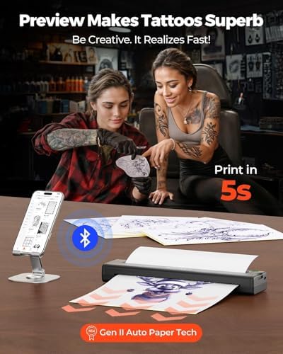 MUNBYN Tattoo Stencil Printer ITP05 Wireless Thermal Tattoo Printers With 10 Transfer Papers Compatible With Android And IOS Phone/Tablet & PC Tattoo Printer For Tattoos Artists & Beginners (Black)