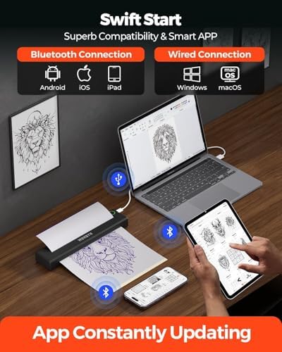 MUNBYN Tattoo Stencil Printer ITP05 Wireless Thermal Tattoo Printers With 10 Transfer Papers Compatible With Android And IOS Phone/Tablet & PC Tattoo Printer For Tattoos Artists & Beginners (Black)