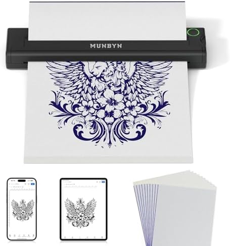 MUNBYN Tattoo Stencil Printer ITP05 Wireless Thermal Tattoo Printers with 10 Transfer Papers Compatible with Android and iOS Phone/Tablet & PC Tattoo Printer for Tattoos Artists & Beginners (Black)