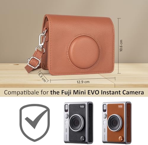 MUZIRI KINOKOO Case For Instax Mini EVO Camera - PU Leather Case Compatible For Fuji Instax Mini EVO Instant Camera - Mini EVO Case With Shoulder Strap - In Brown Lychee Texture Horizonal Style