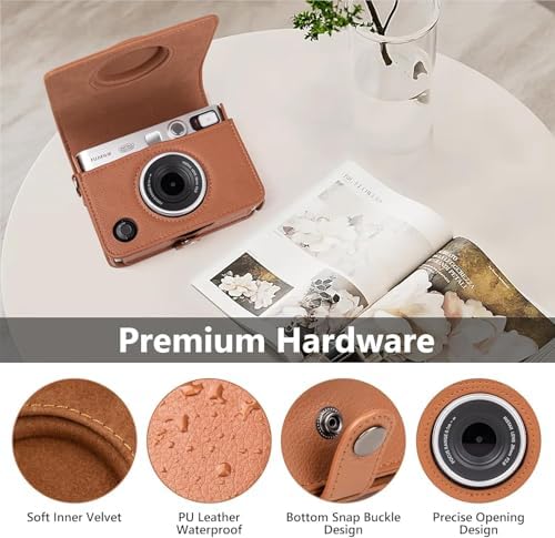 MUZIRI KINOKOO Case For Instax Mini EVO Camera - PU Leather Case Compatible For Fuji Instax Mini EVO Instant Camera - Mini EVO Case With Shoulder Strap - In Brown Lychee Texture Horizonal Style