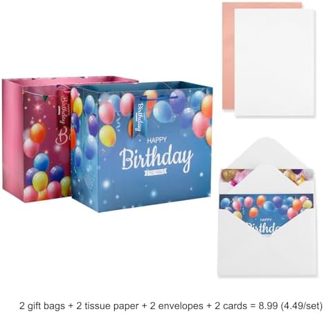 Neatnsharp 13" Large Birthday Gift Bags 2 Pack With Matching Tissue Paper Card Name Tag Beautiful Happy Birthday Gift Bags With Handles Happy Birthday Present Gift Bags For Boys/Girls And All