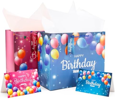 Neatnsharp 13" Large Birthday Gift Bags 2 Pack with Matching Tissue Paper Card Name Tag Beautiful Happy Birthday Gift Bags with Handles Happy Birthday Present Gift Bags for Boys/Girls and All