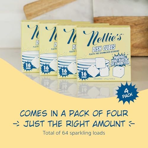 Nellie's Dish Cubed - 64 Pack (4 Boxes Of 16 Packs) - Eco-Conscious Dishwasher Detergent - Less Plastic - Convenient And Space-Saving - Effective On Grease And Grime - (Made In Canada)