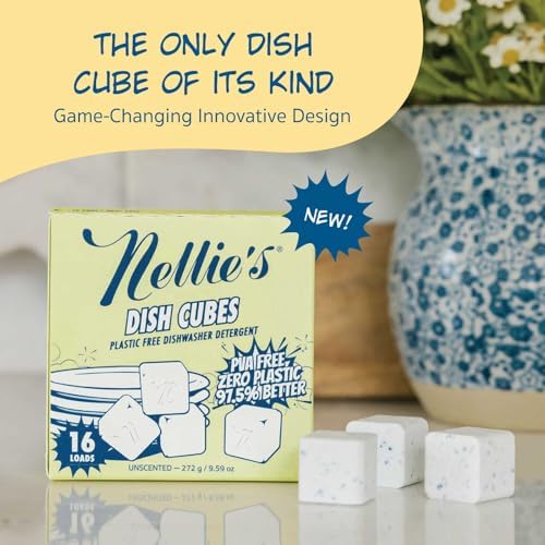 Nellie's Dish Cubed - 64 Pack (4 Boxes Of 16 Packs) - Eco-Conscious Dishwasher Detergent - Less Plastic - Convenient And Space-Saving - Effective On Grease And Grime - (Made In Canada)