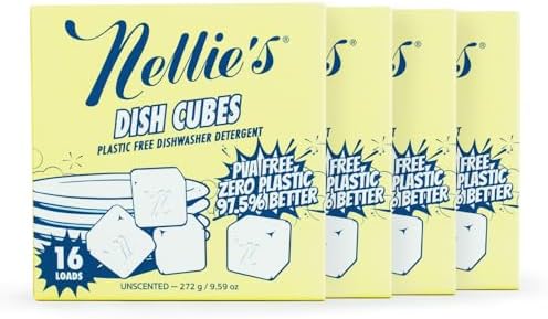 Nellie's Dish Cubed - 64 pack (4 boxes of 16 packs) - Eco-Conscious Dishwasher Detergent - Less Plastic - Convenient and Space-Saving - Effective on Grease and Grime - (Made in Canada)