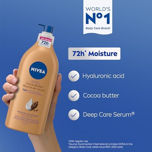 NIVEA Cocoa Butter 72-Hr Moisturizing Body Lotion For Dry Skin Body Moisturizer With Hyaluronic Acid And Cocoa Butter Non-Greasy And Quick-Absorbing 625 ML Bottle
