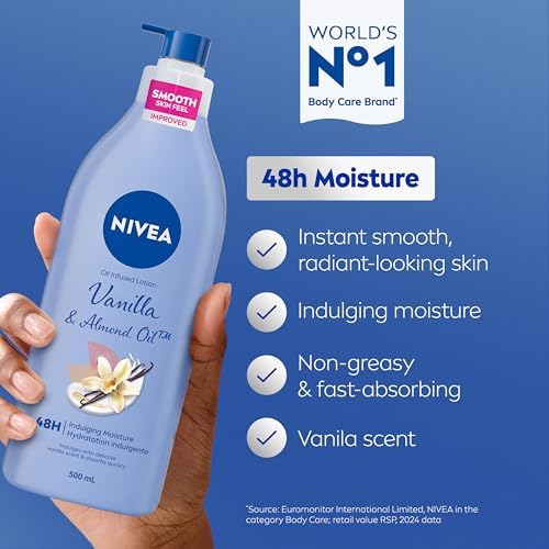 NIVEA Oil-Infused Vanilla & Almond Oil Body Lotion Non-greasy Fast Absorbing Daily Moisturizer 24H Deep Moisture For All Skin Types Normal To Dry Dermatologically Tested 500 ML