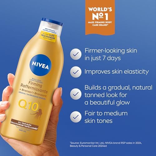 NIVEA Q10 Firming + Glow Body Lotion Firmer-Feeling Skin Gradual Tanning Lotion Without Sun Exposure Firming Body Lotion Daily Moisturizer For All Skin Types 400mL