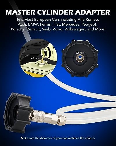 Orion Motor Tech Brake Bleeder Kit One Person 2.5L Fluid Extractor Hand Pump Master Cylinder Bleeder Kit With 2.6qt Bottle Gauge Hose Wrench European With 42mm Adapter For Ford VW Porsche BMW More