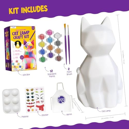 Paint Your Own Cat Lamp Kit Arts And Crafts For Kids Age 6-8 Girls Painting Kit Art Supplies For Kids 8-12 Cat Toys Girls Boy Birthday Christmas Gift Ages 6 7 8 9 10 11 12+