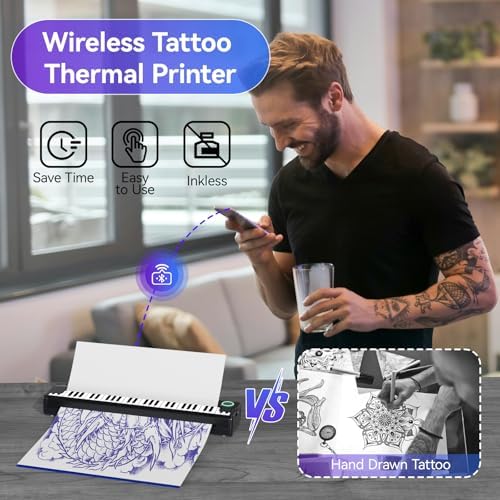 PeriPage Wireless Tattoo Stencil Printer Portable Thermal Tattoo Printer Machine For Artists & Beginners Tattoo Printers Compatible With Smartphone/Pad/PC Includes 5pcs Transfer Paper & Tattoo Kit