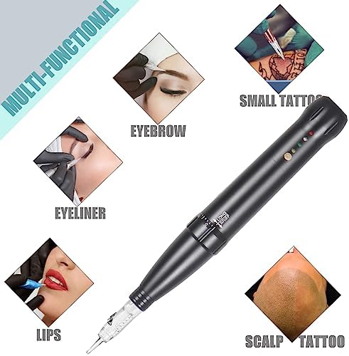 Permanent Eyebrow Makeup Tattoo Machine Kit - Micropigmentation Permanent Eyeliner Makeup Pen With 15pcs Cartridges Needles For Brow Eyeliner Lip Microblading (Black)