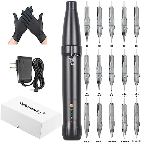 Permanent Eyebrow Makeup Tattoo Machine Kit - Micropigmentation Permanent Eyeliner Makeup Pen with 15pcs Cartridges Needles for Brow Eyeliner Lip Microblading (Black)