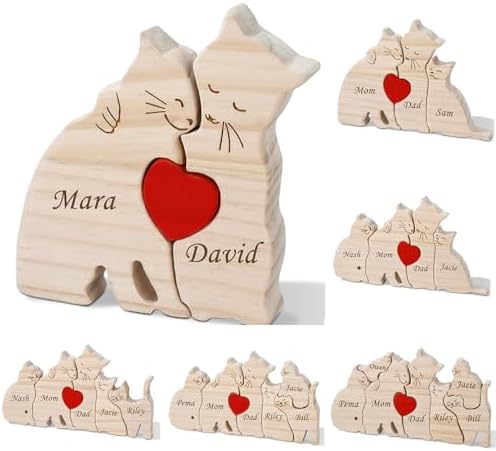 Personalized Wooden Puzzle With 2-8 Family Name Wooden Cat Sculpture Customizable Name Art Puzzle Gift For Father Mother Birth Day For Mom Dad Home Decoration Desktop Ornament (Color 5)