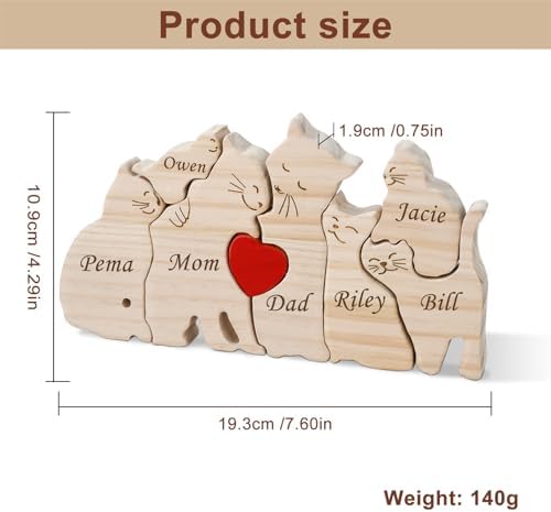 Personalized Wooden Puzzle With 2-8 Family Name Wooden Cat Sculpture Customizable Name Art Puzzle Gift For Father Mother Birth Day For Mom Dad Home Decoration Desktop Ornament (Color 5)